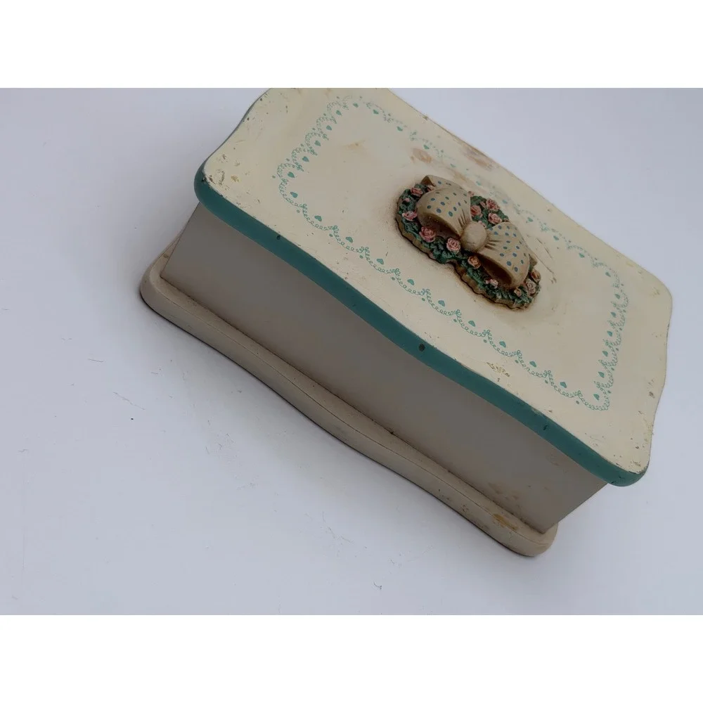 Vintage Shabby Chic Wooden Jewelry Box Cream Teal Floral Bow Heart Detail Taiwan